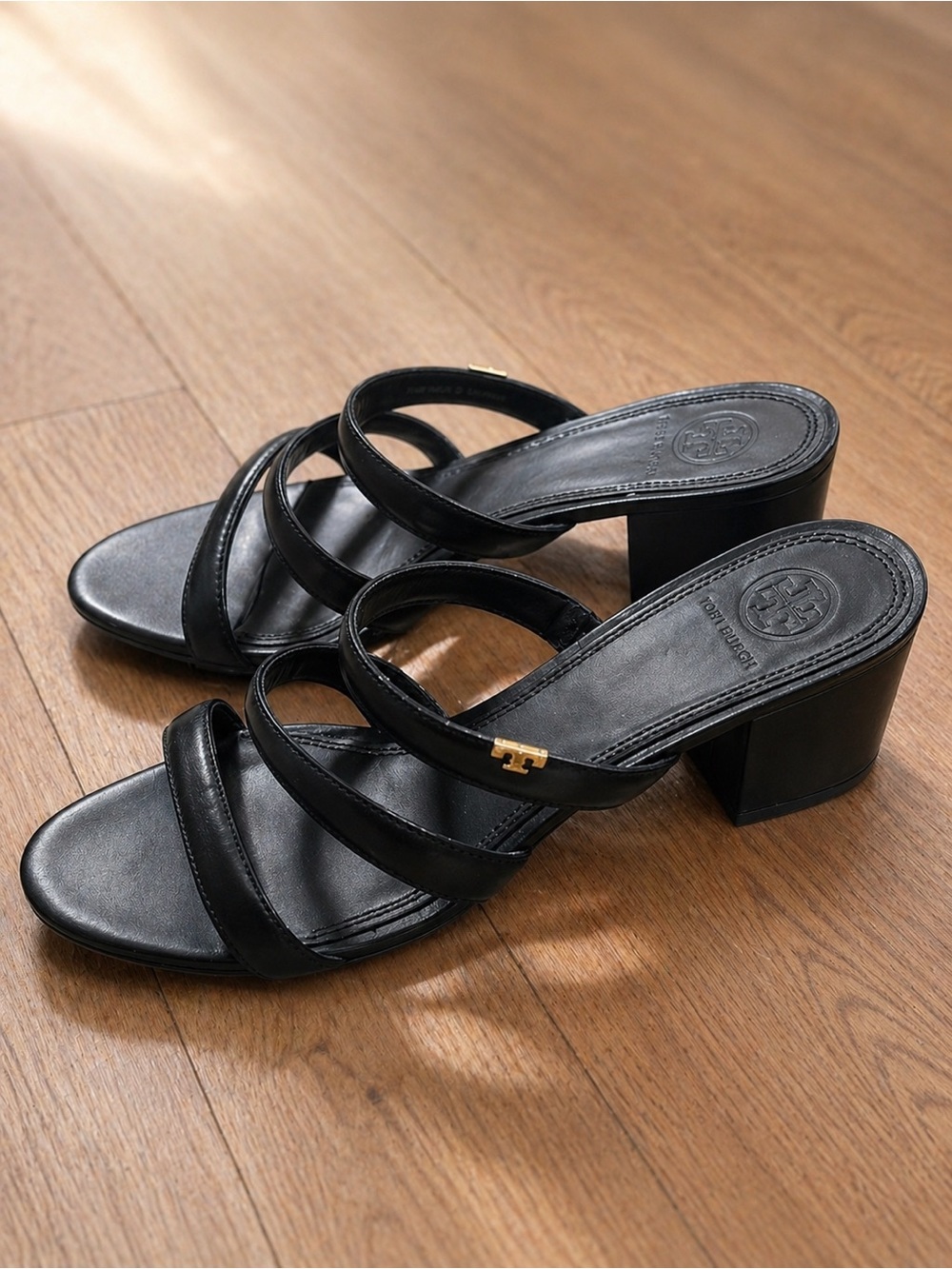 Tory Burch Black Leather Triple-Strap Block Heel Mules